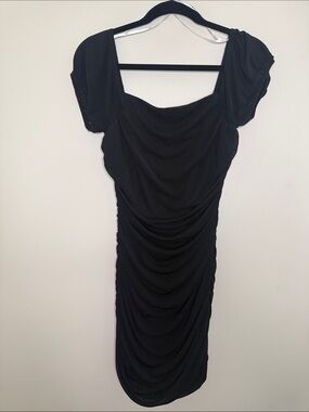 Lulu's Black Ruched Midi Dress with Puff Sleeves